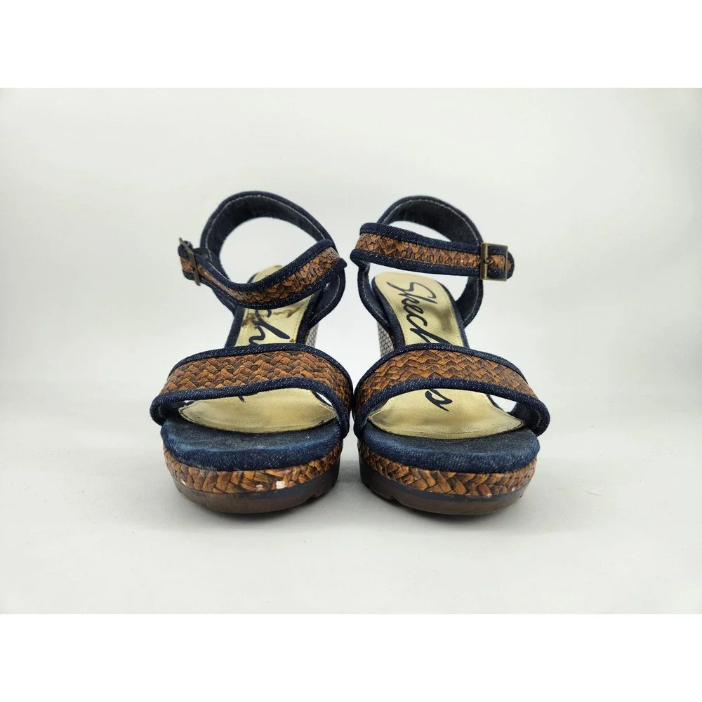 Skechers Wedge Sandals Women 9‎ Blue Denim Brown Woven Platform 38268